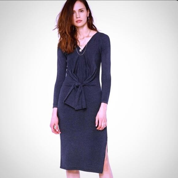 Heartloom Adrian Knit Midi Dress sz M Charcoal Grey Sweater Tie Waist V Neck - Picture 1 of 8